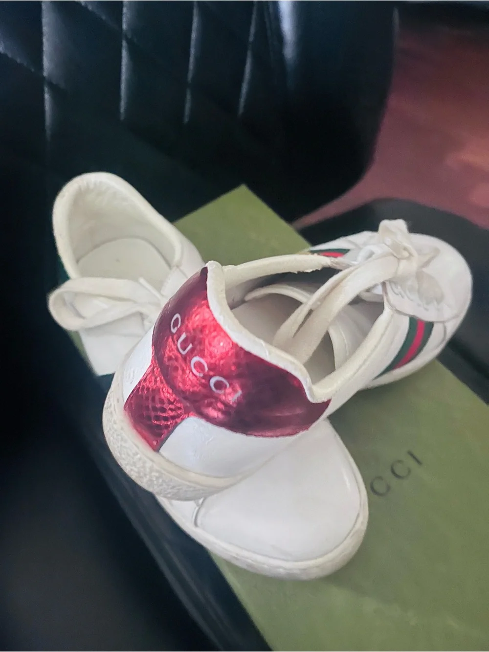 Gucci White Leather Sneakers with Green and Red Web Stripe and Gold Bee